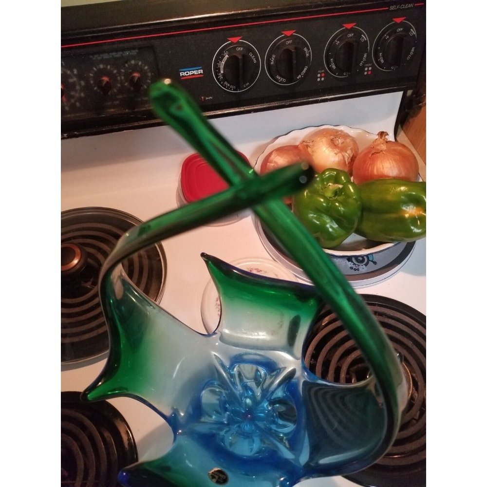 Stunner Lorraine cross-tip basket 17" Tall Blue Green Mid Century - Picture 5 of 10